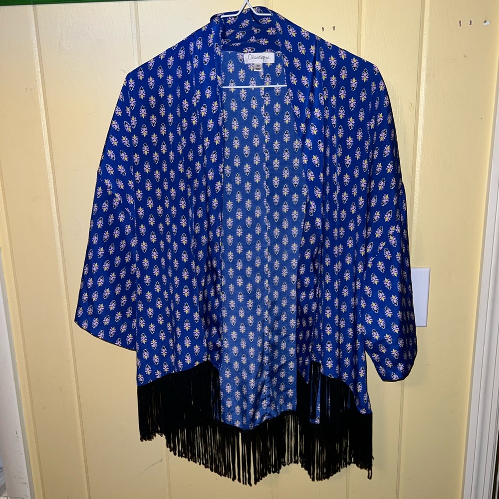 Olsenboye Blue Boho Open Front Black Fringe Y2K Hippie Draped Cardigan Size XS - Picture 1 of 10